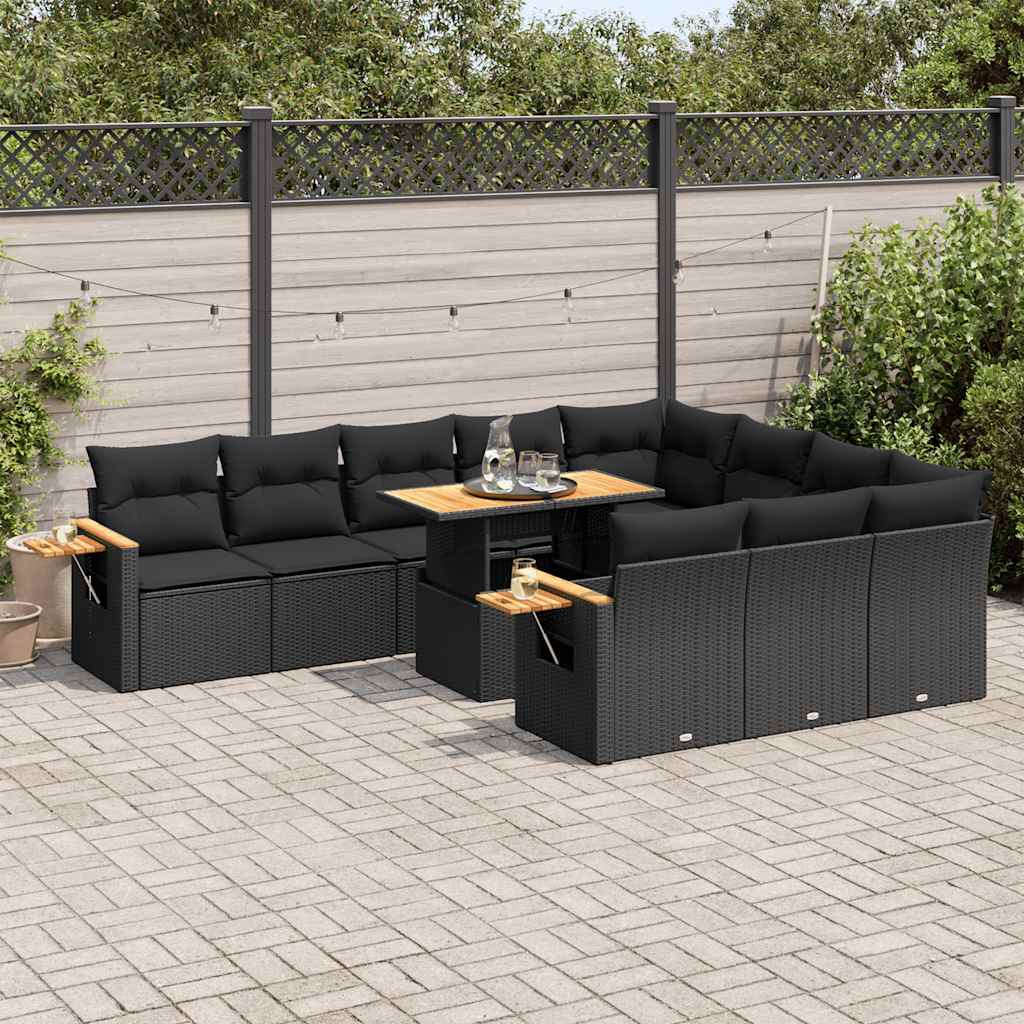Set Divani da Giardino 11 pz con Cuscini Polyrattan Acacia Nero