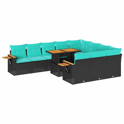 Set Divani da Giardino 11 pz con Cuscini Polyrattan Acacia Nero | homemem39
