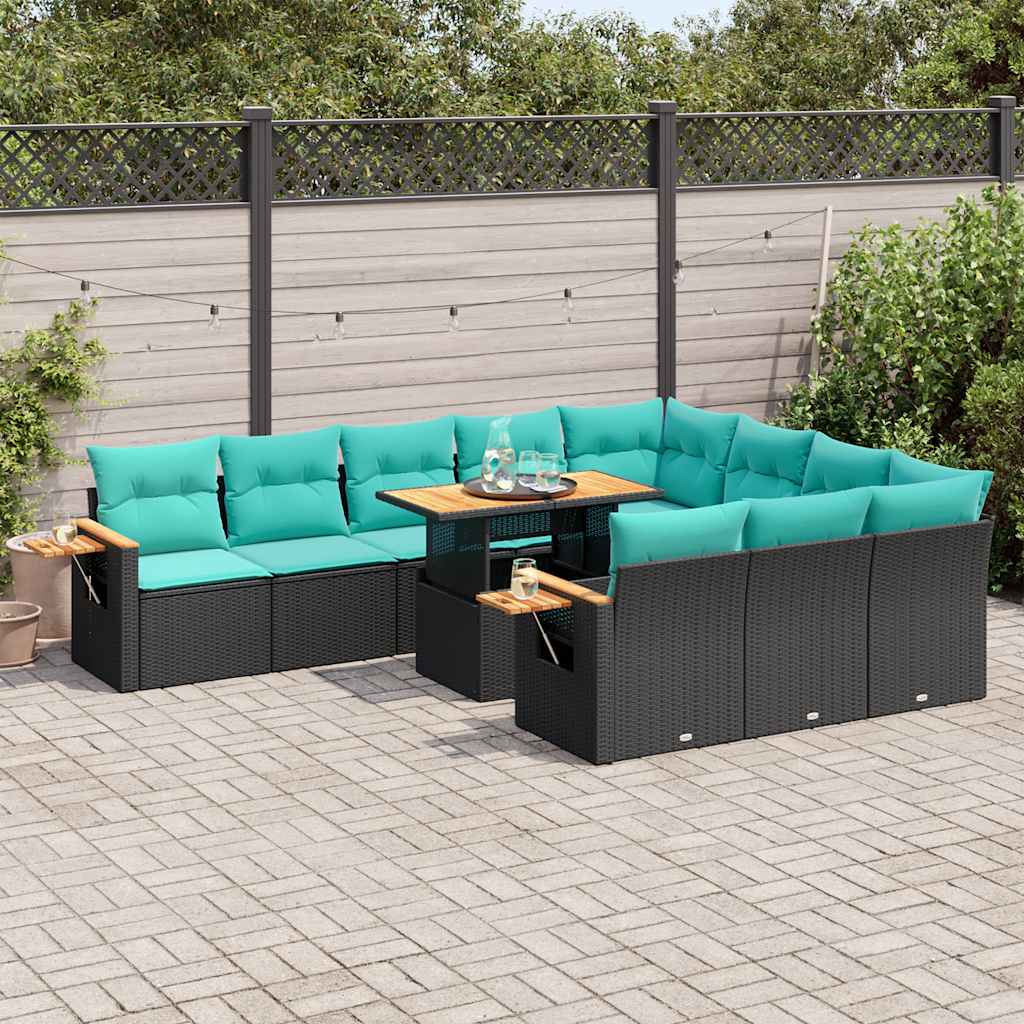 Set Divani da Giardino 11 pz con Cuscini Polyrattan Acacia