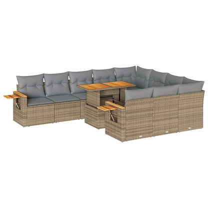 Set Divani da Giardino 11pz con Cuscini Beige Acacia Polyrattan