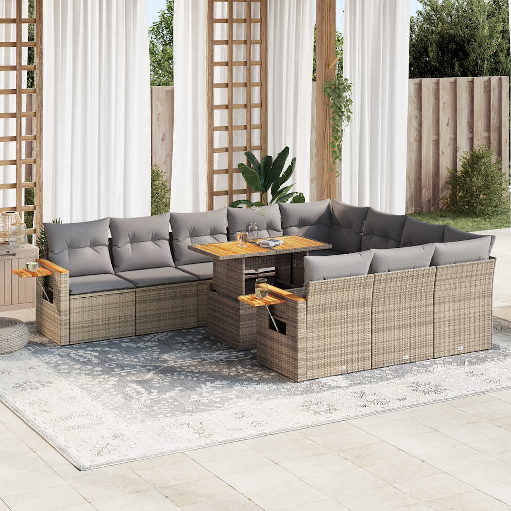 Set Divani da Giardino 11pz con Cuscini Beige Acacia Polyrattan | homemem39