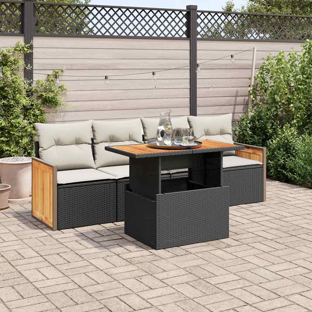 Set Divani da Giardino 5 pz con Cuscini Nero Polyrattan Acacia