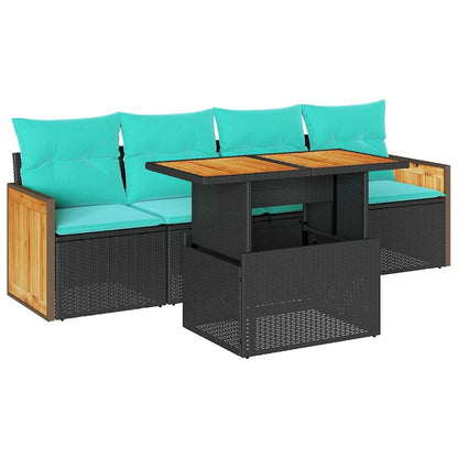 Set Divani da Giardino 5 pz con Cuscini Nero Polyrattan Acacia | homemem39