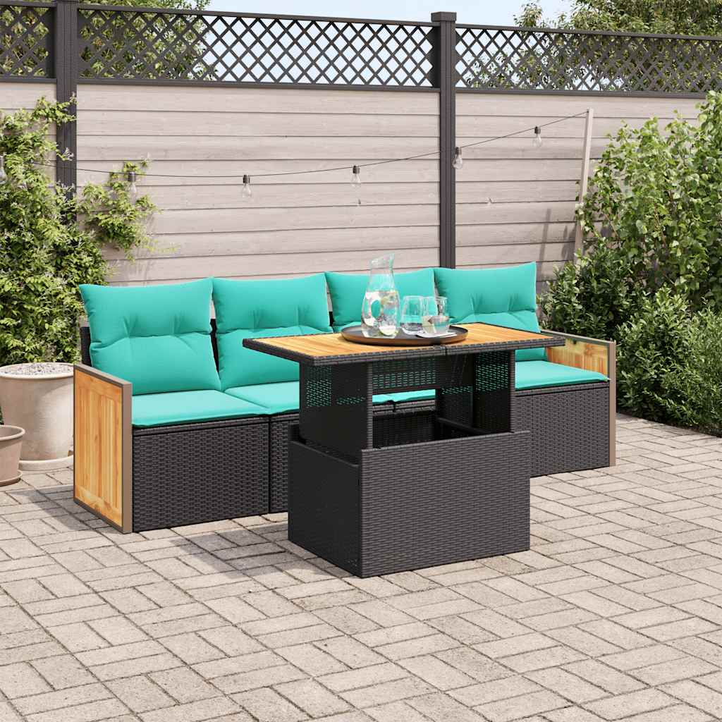 Set Divani da Giardino 5 pz con Cuscini Nero Polyrattan Acacia | homemem39