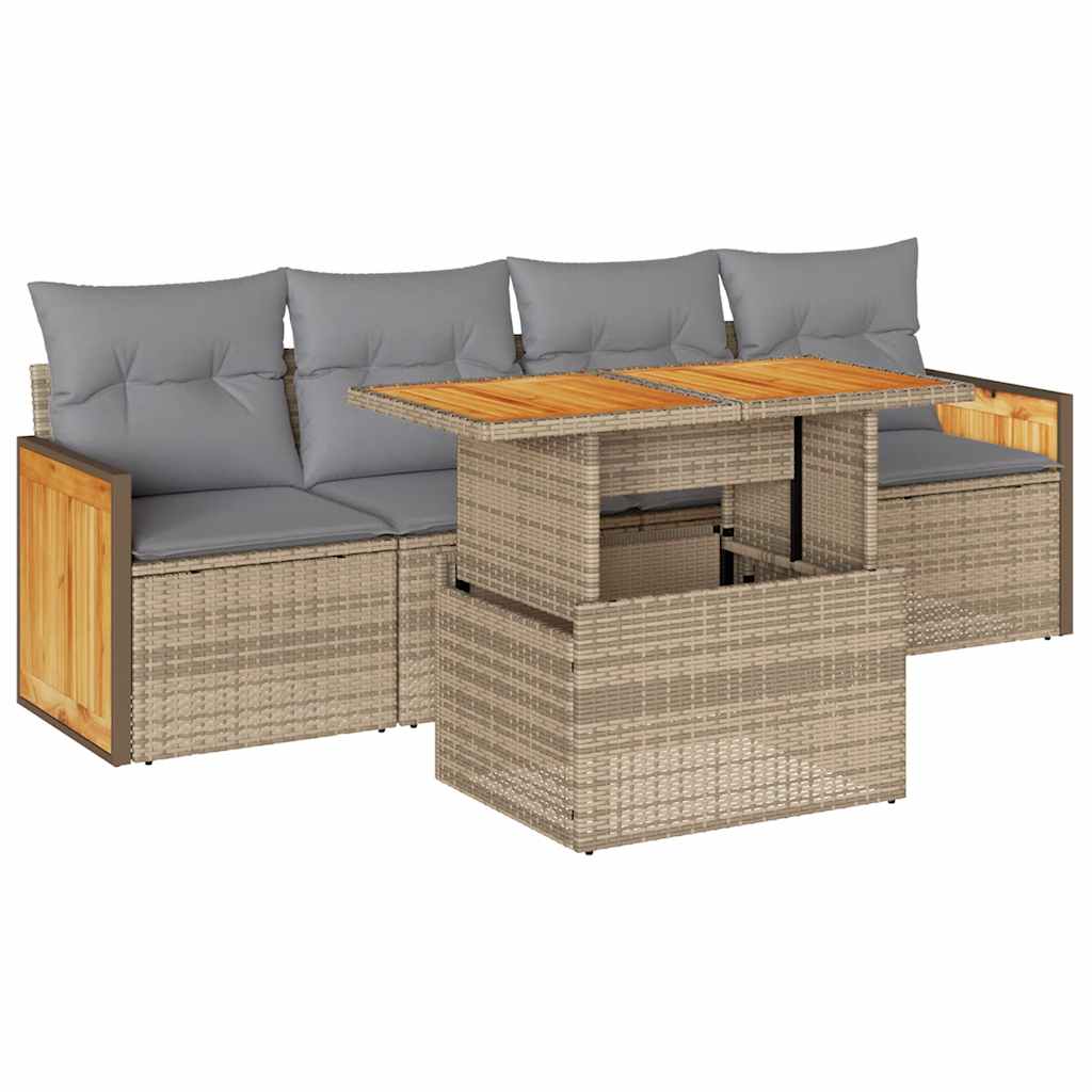 Set Divano da Giardino 5 pz con Cuscini Beige Polyrattan Acacia | homemem39