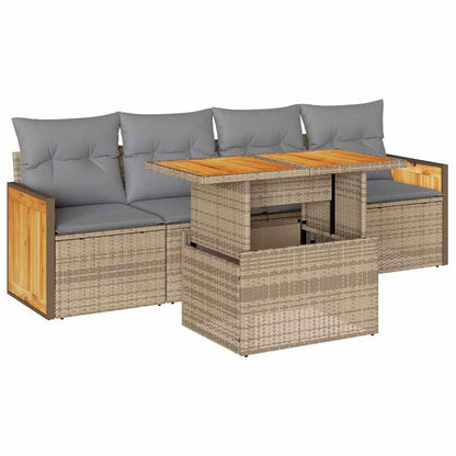 Set Divano da Giardino 5 pz con Cuscini Beige Polyrattan Acacia | homemem39