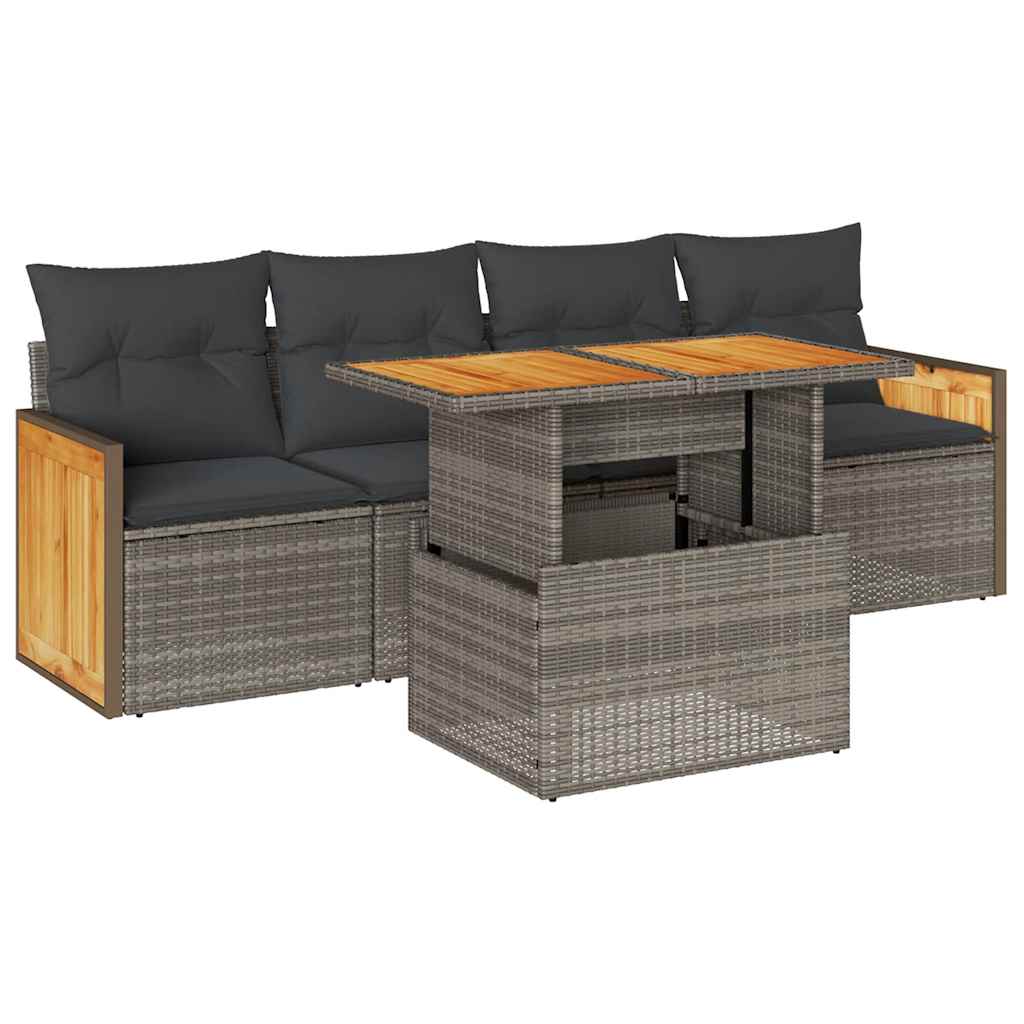 Set Divano Giardino 5 pz con Cuscini Grigio Polyrattan Acacia | homemem39