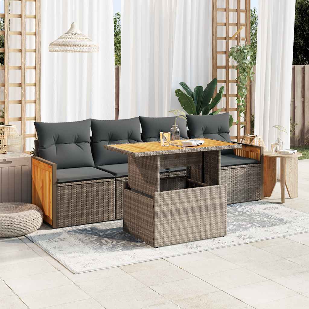 Set Divano Giardino 5 pz con Cuscini Grigio Polyrattan Acacia | homemem39