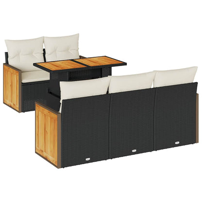 Set Divano da Giardino 6 pz con Cuscini Nero Polyrattan Acacia | homemem39