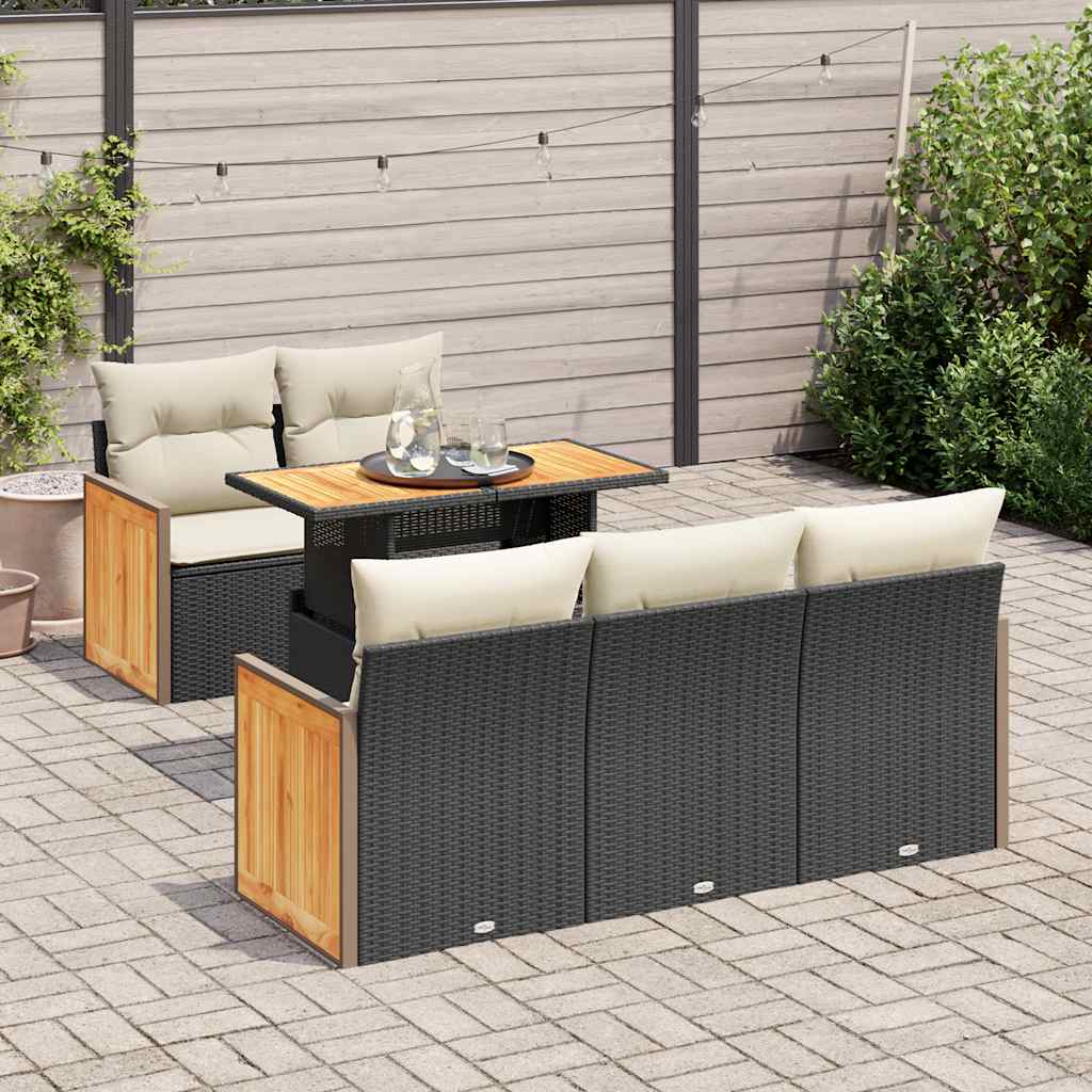 Set Divano da Giardino 6 pz con Cuscini Nero Polyrattan Acacia | homemem39