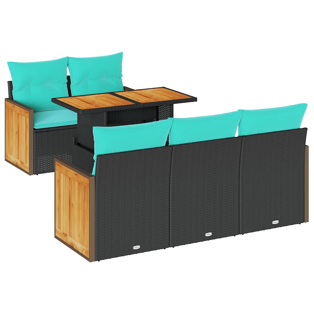 Set Divani da Giardino 6 pz con Cuscini Nero in Polyrattan e acacia | homemem39