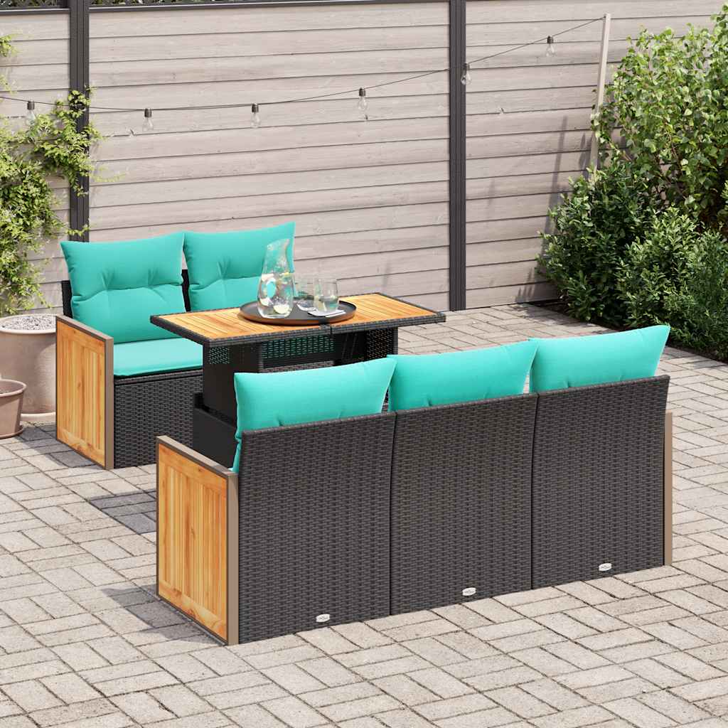 Set Divani da Giardino 6 pz con Cuscini Nero in Polyrattan e acacia | homemem39