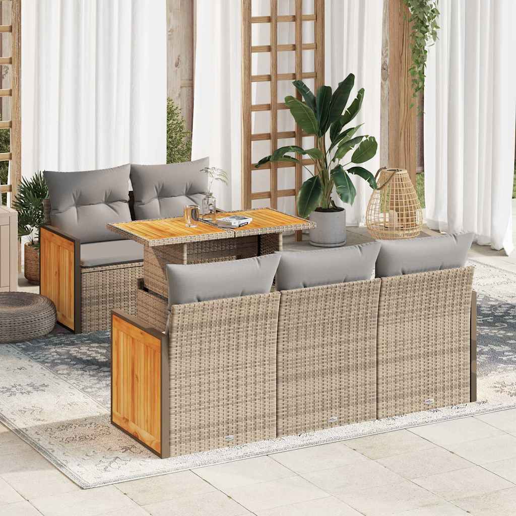 Set Divano da Giardino 6 pz con Cuscini Beige Polyrattan Acacia | homemem39