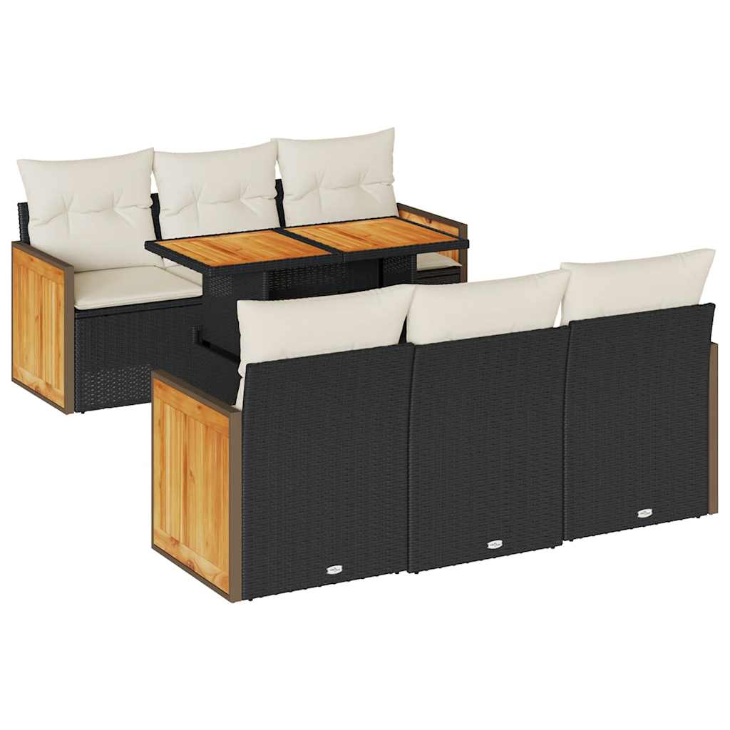 Set Divani da Giardino con Cuscini 7pz Nero Polyrattan Acacia | homemem39