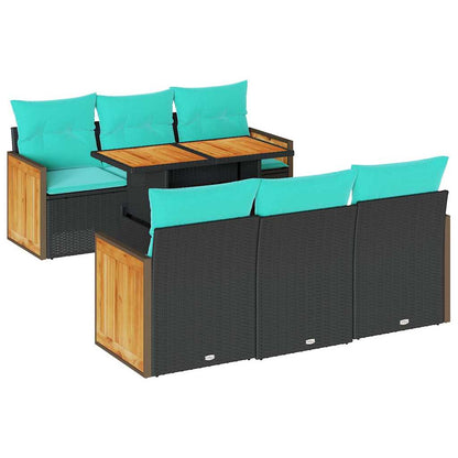 Set Divani da Giardino con Cuscini 7pz Nero Polyrattan Acacia | homemem39