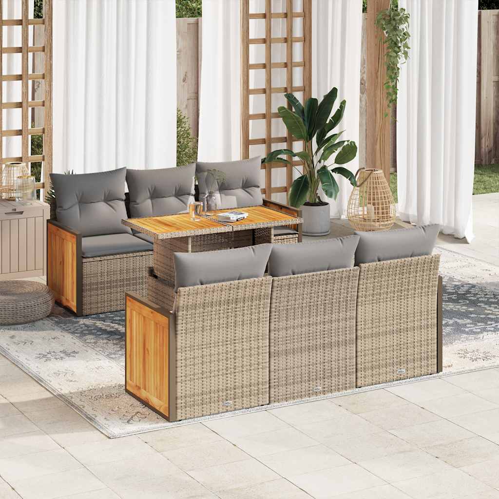 Set Divani da Giardino 7 pz con Cuscini Beige Polyrattan Acacia | homemem39