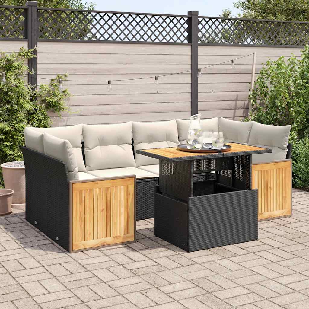 Set Divani da Giardino con Cuscini 7pz Nero Polyrattan Acacia | homemem39