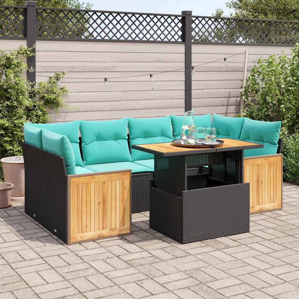 Set Divani da Giardino con Cuscini 7pz Nero Polyrattan Acacia | homemem39