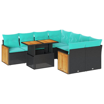 Set Divani da Giardino 9 pz con Cuscini Nero Polyrattan Acacia | homemem39