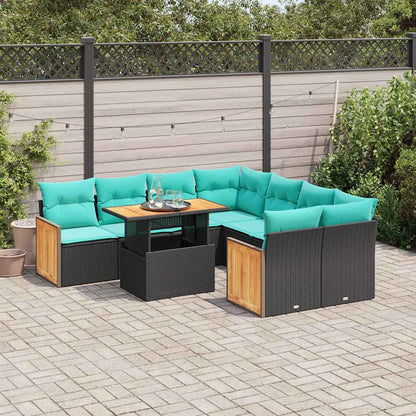Set Divani da Giardino 9 pz con Cuscini Nero Polyrattan Acacia | homemem39
