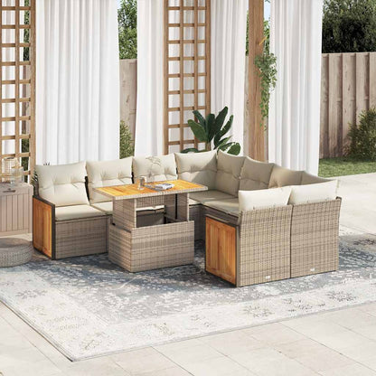 Set Divano da Giardino 9 pz con Cuscini Beige Polyrattan Acacia | homemem39