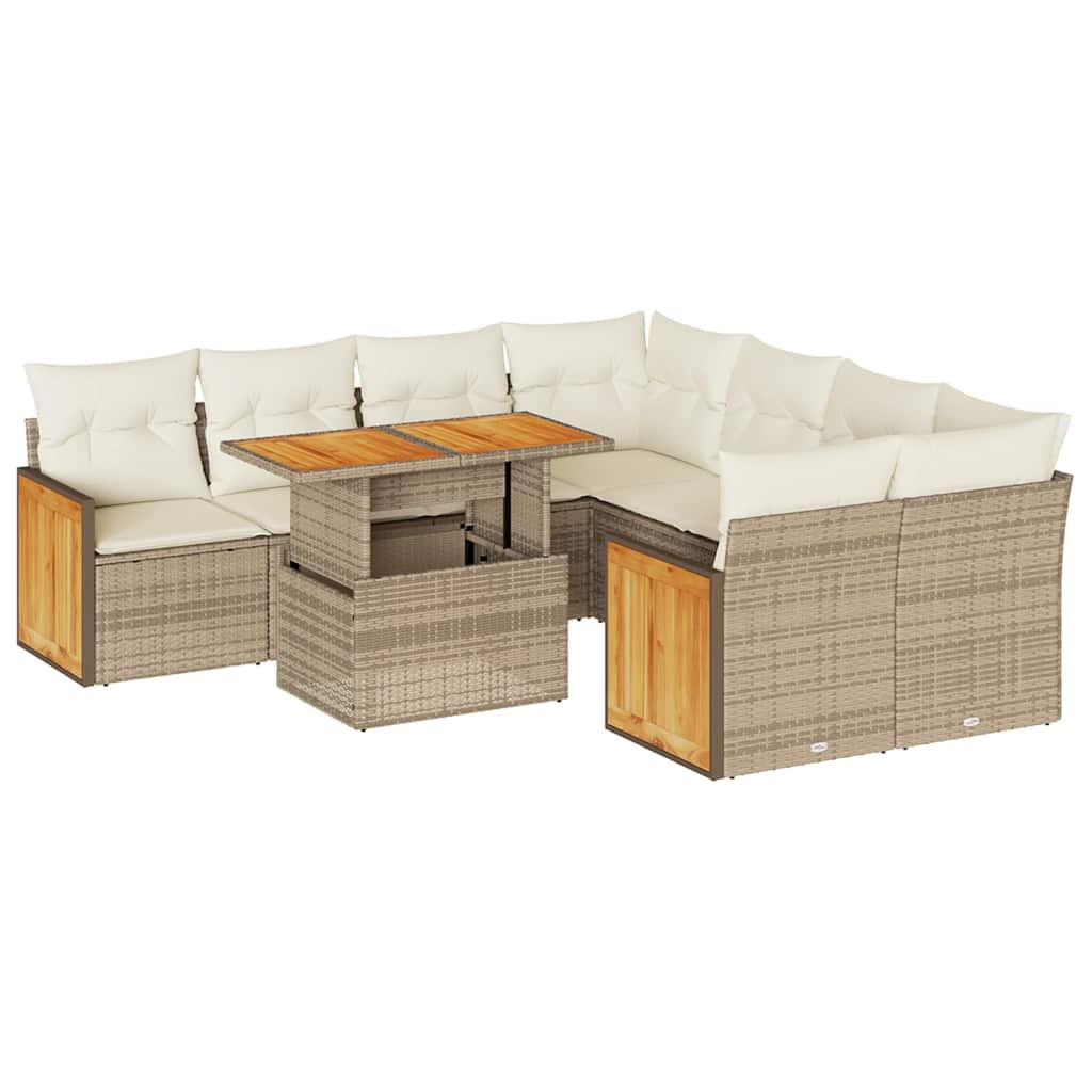 Set Divano da Giardino 9 pz con Cuscini Beige Polyrattan Acacia | homemem39