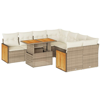 Set Divano da Giardino 9 pz con Cuscini Beige Polyrattan Acacia | homemem39