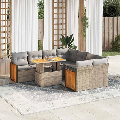 Set Divano da Giardino 9 pz con Cuscini Beige Polyrattan Acacia | homemem39