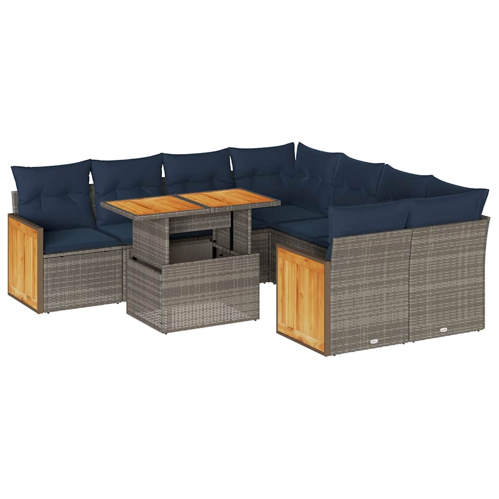 Set Divano da Giardino 9pz con Cuscini Grigio Polyrattan Acacia | homemem39