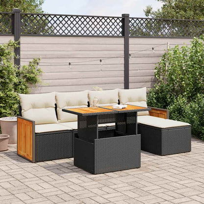 Set Divano da Giardino 6 pz con Cuscini Nero Polyrattan Acacia