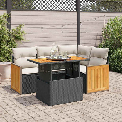 Set Divani da Giardino 5 pz con Cuscini Nero Polyrattan Acacia