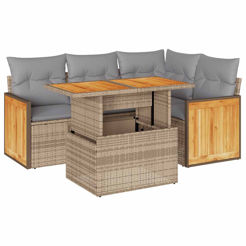 Set Divano da Giardino 5 pz con Cuscini Beige Polyrattan Acacia