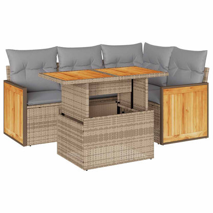 Set Divano da Giardino 5 pz con Cuscini Beige Polyrattan Acacia