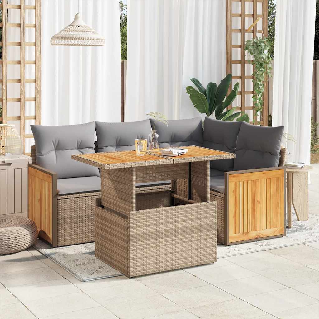Set Divano da Giardino 5 pz con Cuscini Beige Polyrattan Acacia
