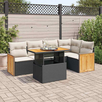 Set Divano da Giardino 6 pz con Cuscini Nero Polyrattan Acacia | homemem39