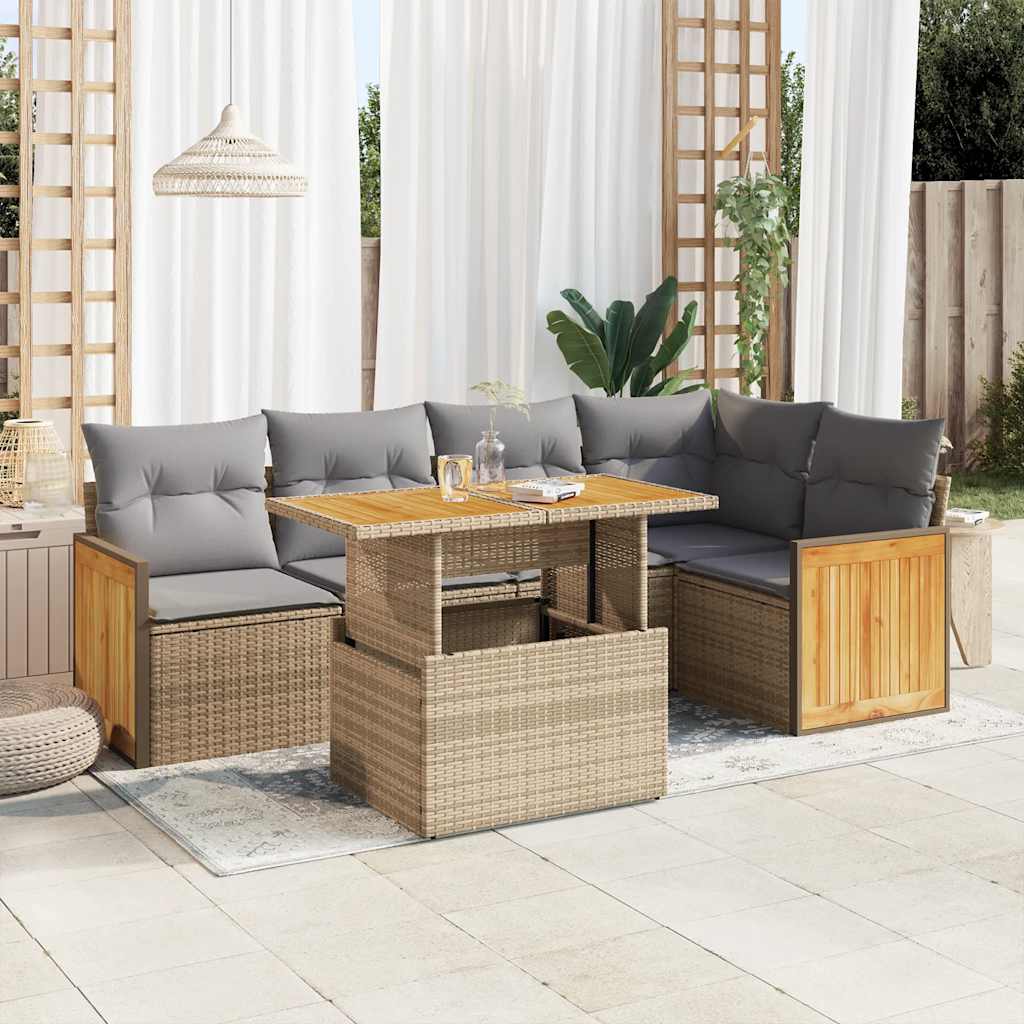 Set Divano da Giardino 6 pz con Cuscini Beige Polyrattan Acacia | homemem39