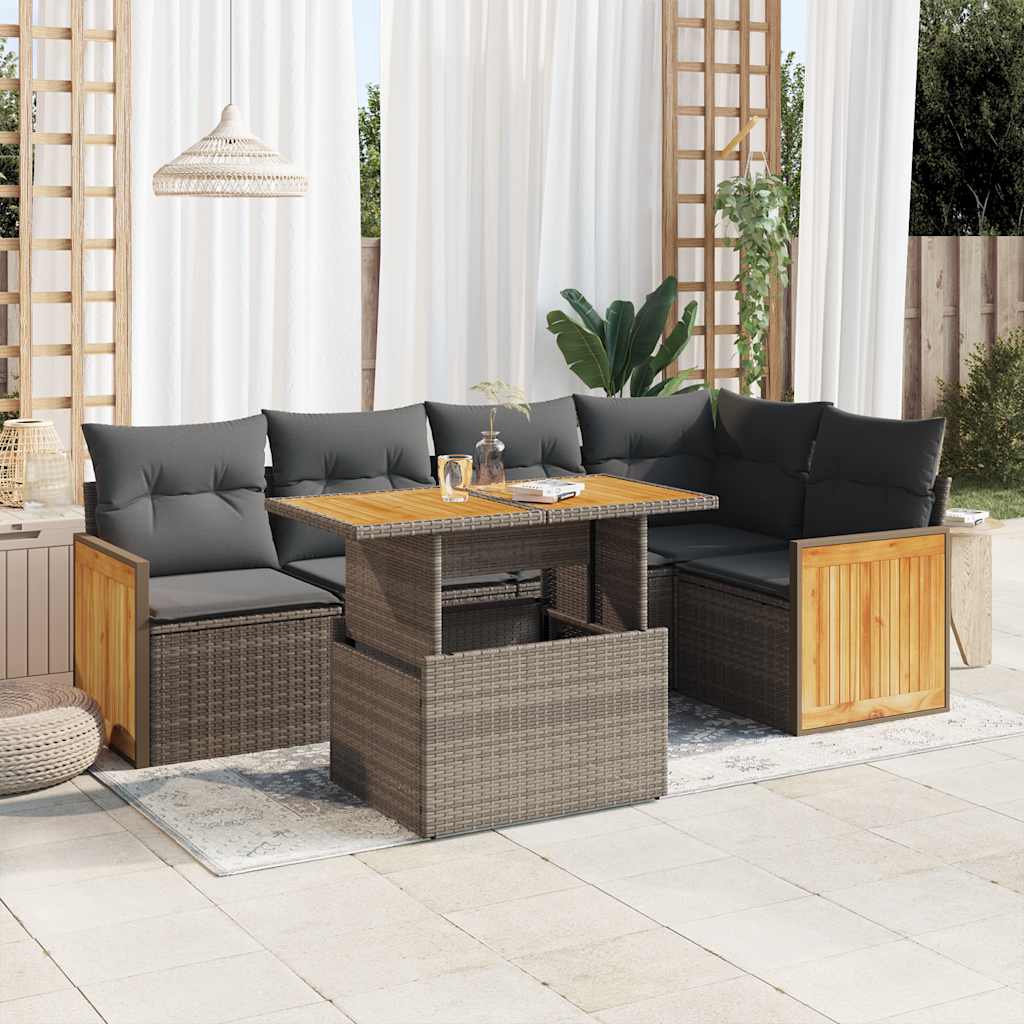 Set Divano da Giardino 6pz con Cuscini Grigio Polyrattan Acacia