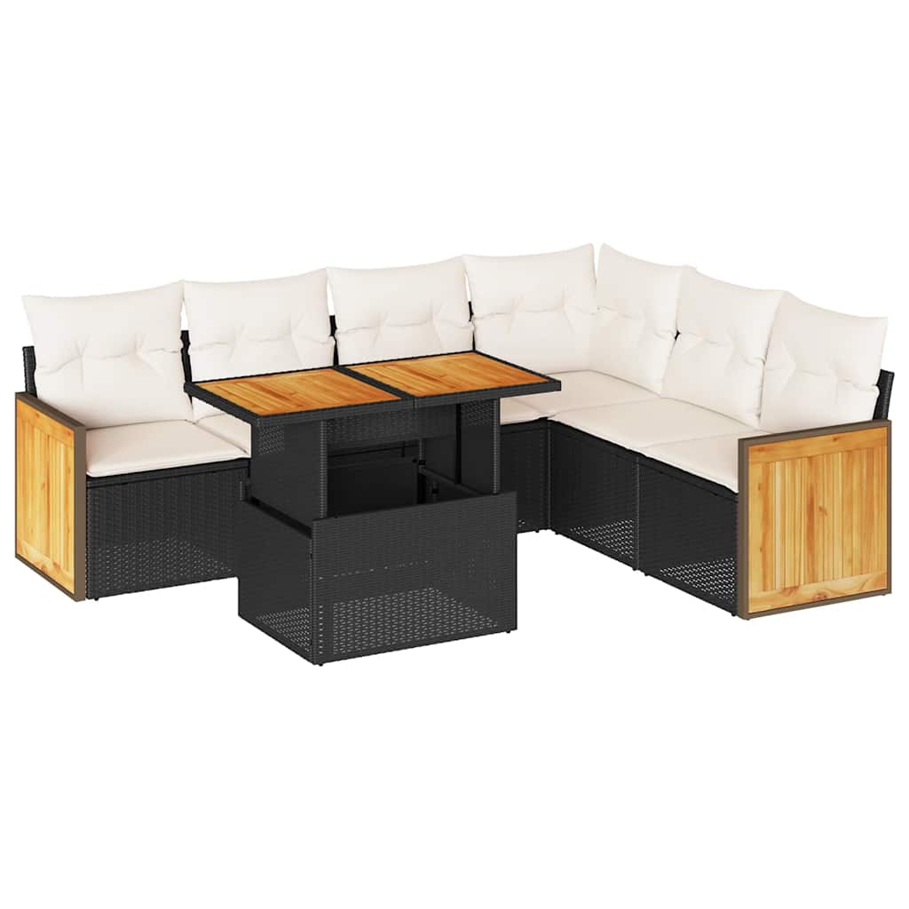 Set Divani da Giardino con Cuscini 7pz Nero Polyrattan Acacia | homemem39