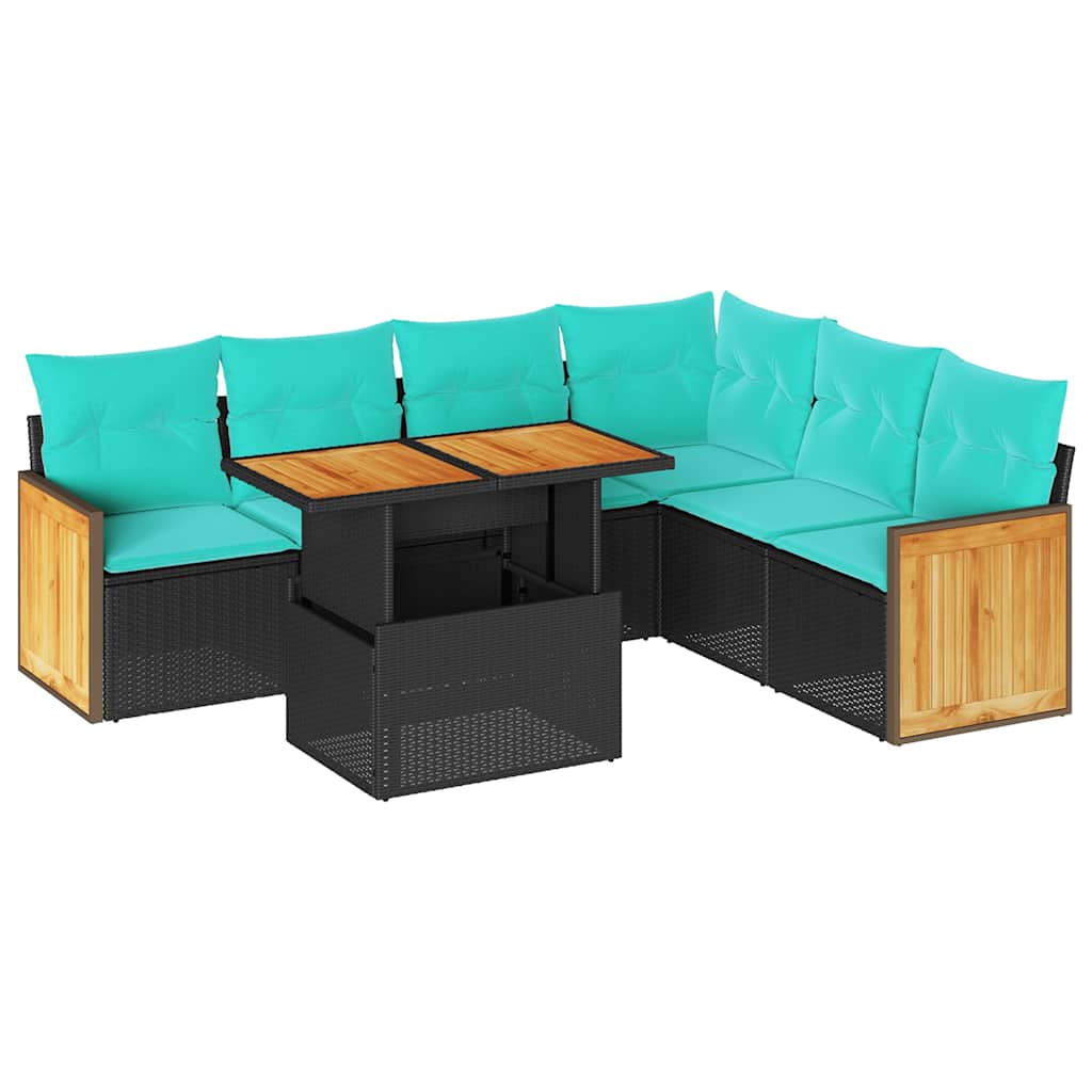 Set Divani da Giardino con Cuscini 7pz Nero Polyrattan Acacia | homemem39