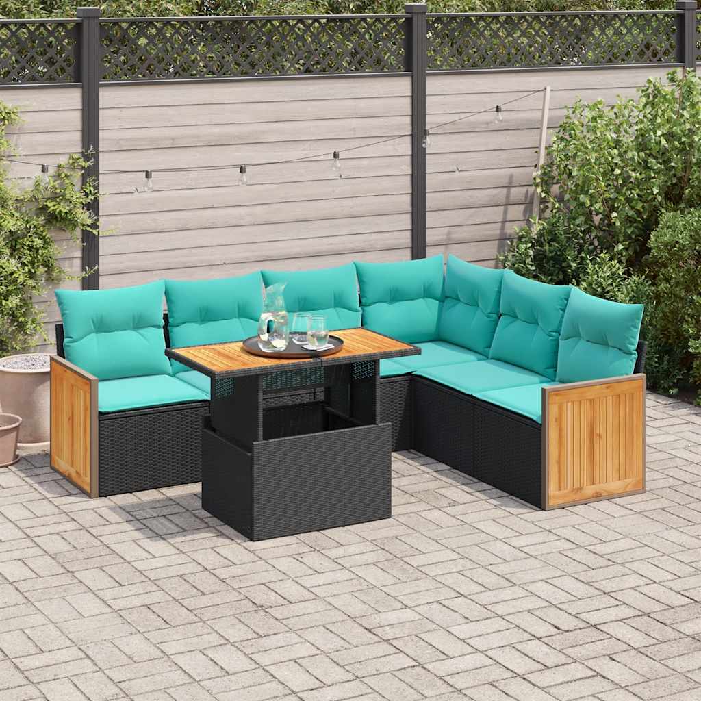 Set Divani da Giardino con Cuscini 7pz Nero Polyrattan Acacia