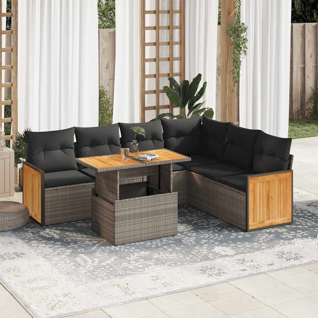 Set Divani da Giardino 7pz con Cuscini Grigio Polyrattan Acacia | homemem39