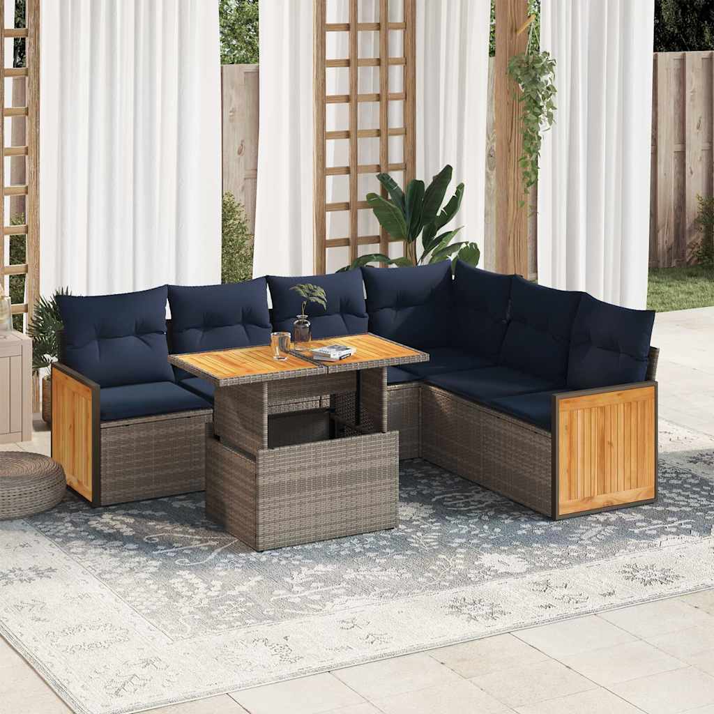 Set Divani da Giardino 7pz con Cuscini Grigio Polyrattan Acacia | homemem39