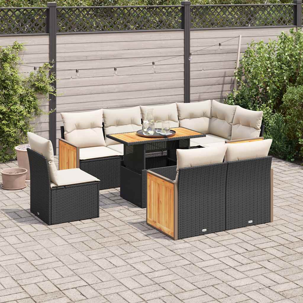 Set Divani da Giardino 9 pz con Cuscini Nero Polyrattan Acacia | homemem39