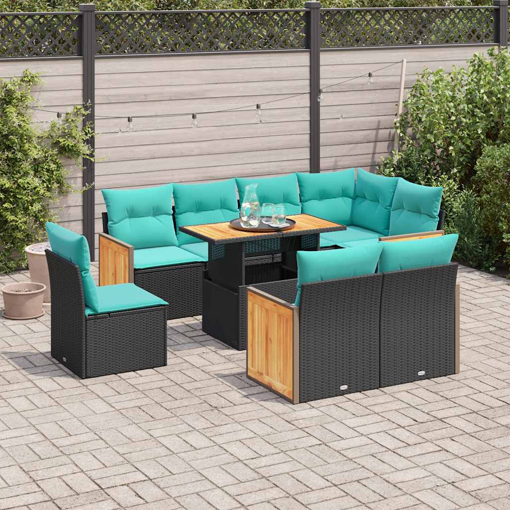 Set Divani da Giardino 9 pz con Cuscini Nero Polyrattan Acacia | homemem39