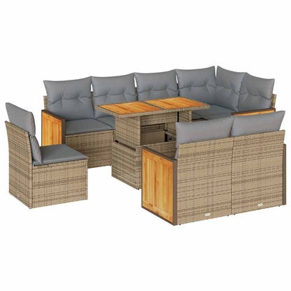Set Divano da Giardino 9 pz con Cuscini Beige Polyrattan Acacia | homemem39