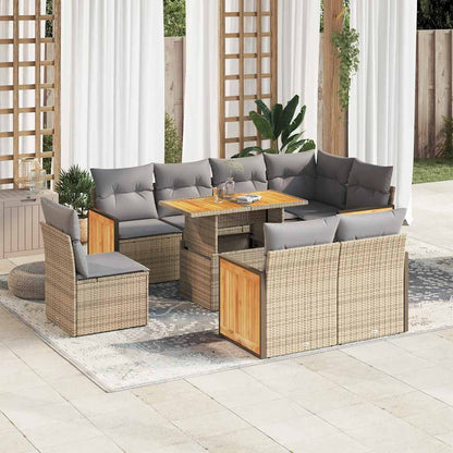 Set Divano da Giardino 9 pz con Cuscini Beige Polyrattan Acacia | homemem39