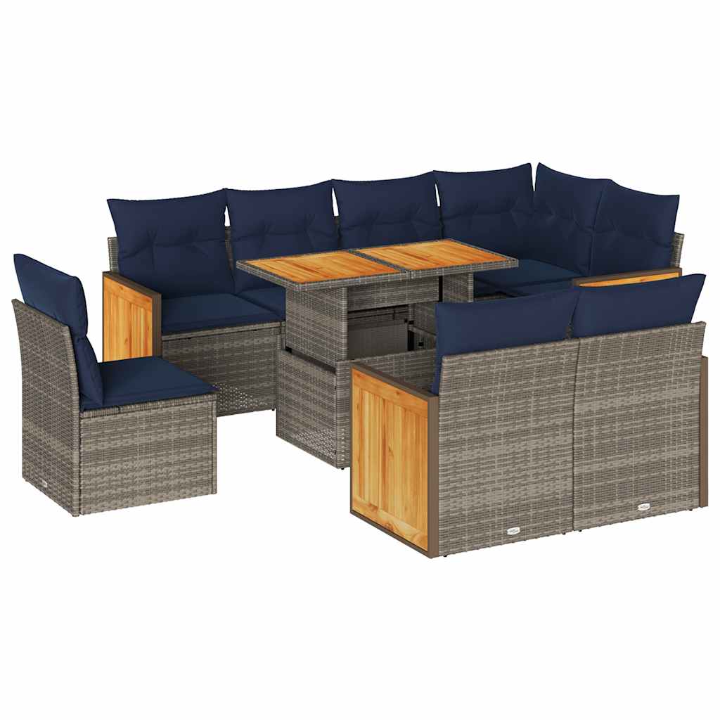 Set Divano da Giardino 9pz con Cuscini Grigio Polyrattan Acacia | homemem39