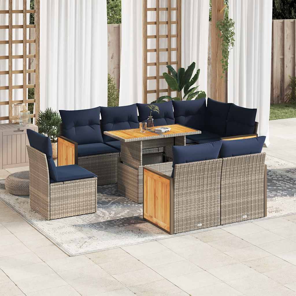 Set Divano da Giardino 9pz con Cuscini Grigio Polyrattan Acacia | homemem39