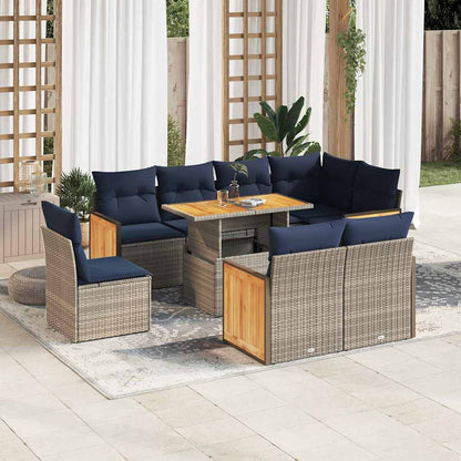 Set Divano da Giardino 9pz con Cuscini Grigio Polyrattan Acacia