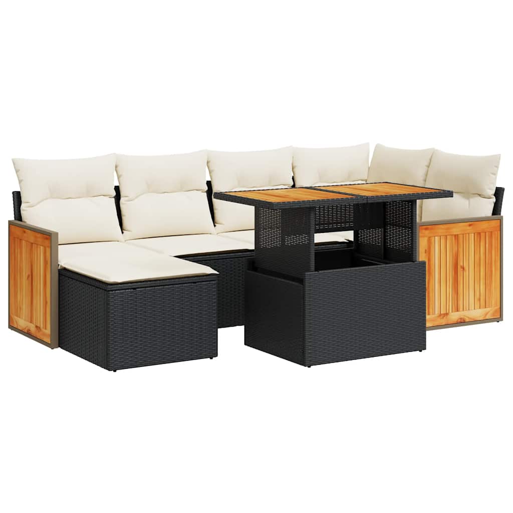 Set Divani da Giardino con Cuscini 7pz Nero Polyrattan Acacia | homemem39
